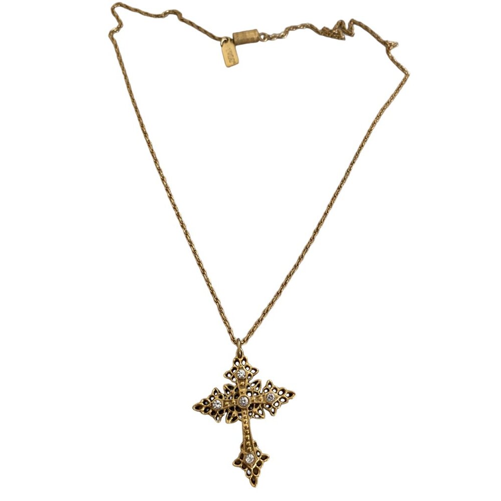 Vintage 1928 Company Gold Tone Cross with Rhinestone Pendant Necklace filigree